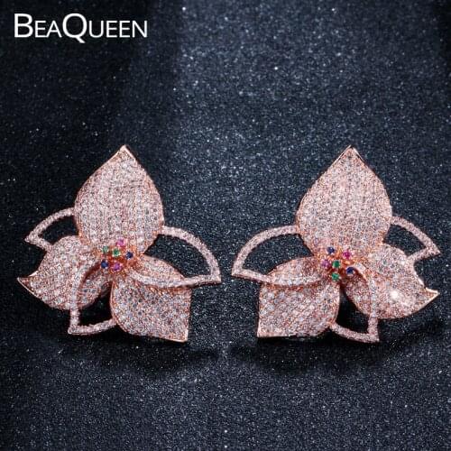 BeaQueen Elegant Rose Gold Color Big Flower Stud Earrings Micro Pave Cubic Zirconia Stone Women Party Dress Up Jewelry E214