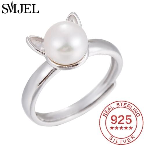 SMJEL Elegant Pearl Cat Rings for Women 100% 925 Sterling Silver Ring Cat Jewelry for Pet Lover