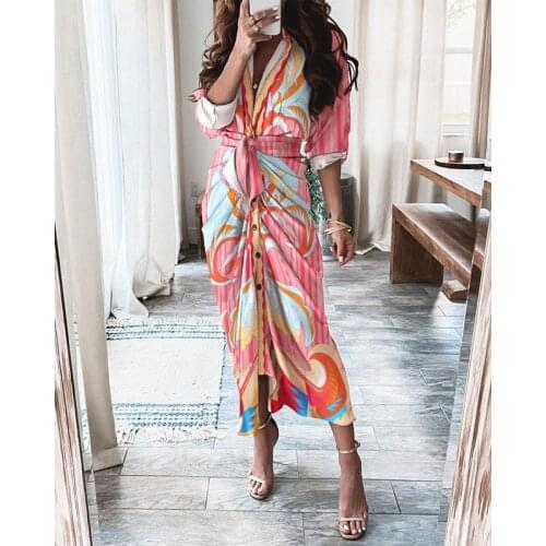 Women Vintage Print Casual Dresses Ruffles Temperament Elegant Robe Ladies Buttons Waistband OL Commuting Clothes Femms Vestidos