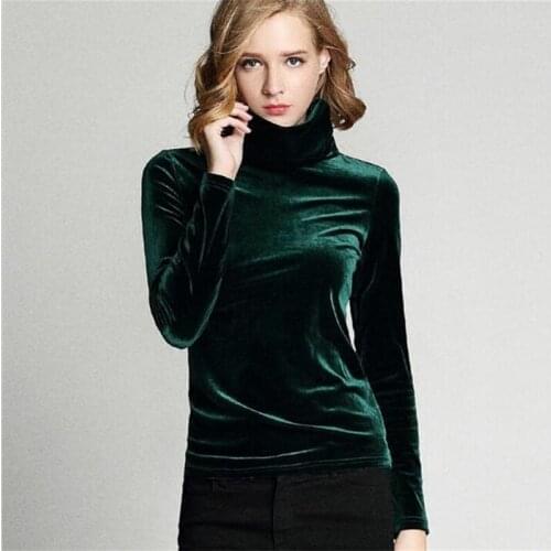 Gold Velvet Womens Office Casual High Collar Shirt 2020 New Full Sleeves Plus Size Solid Color Turtleneck Shirts M-5XL 6XL 7XL