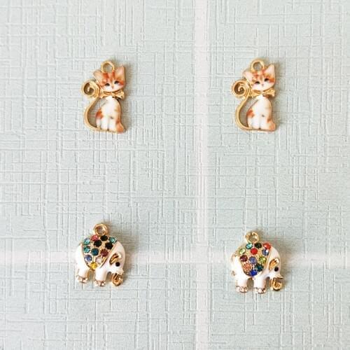 10PCS Printed Persian Cat Rhinestone Elephant Enamel Charms Pendant Alloy Animals Floating DIY Earrings Jewelry Accessory YZ665