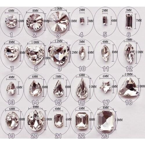 100pcs Hot Sale pointed back clear glass Nail Art Decoration Glitter Rhinestones No.1-No.23