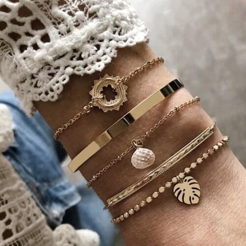 5pcs/set Vintage White Water Drop Sun Leaves Bracelets & Bangles Gold Metal Chain Bracelet Sets For Women New Jewelry