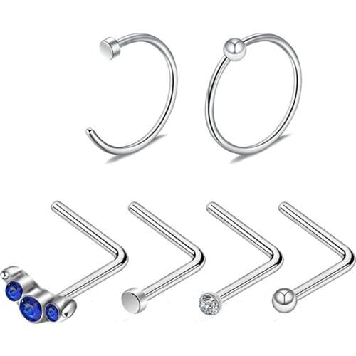 6PCS 18G/20G 316L Stainless Steel L-Shaped CZ Nose Nose Hoop Piercing Nose Stud Earrings Jewelry