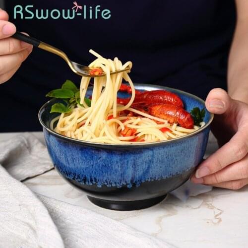 7 Inch Kitchen Supplies Creative Ceramic Bowl Salad Bowles Instant Noodle Bowles Soup Bowl Kiln Glazed Blue Household Tableware