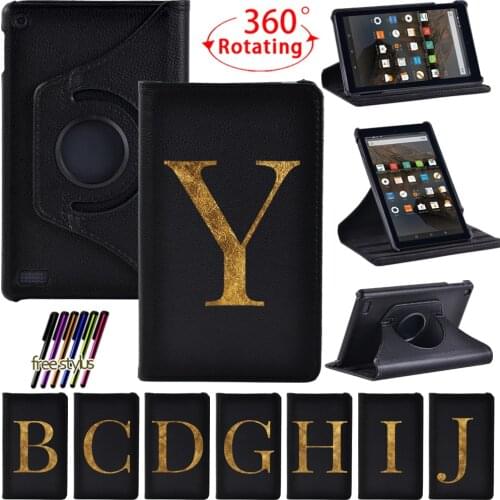 360 Degree Rotating Tablet Case for Amazon Fire 7 5th 7th 9th Pu Leather Simple Letter Dust-proof Stand Tablet Case+Free Stylus