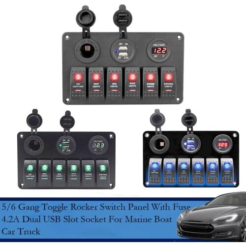 Digital Voltage Display 5/6 Gang Toggle Rocker Switch Panel With Fuse 4.2A Dual USB Slot Socket For Marine Boat Car Truck