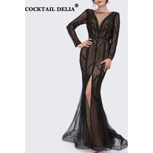 Black Silver O-Neck Elegant Long Evening Dresses Luxury 2021 Dubai Sequined Beading Plus Size Sleeves Mermaid Gowns For Women