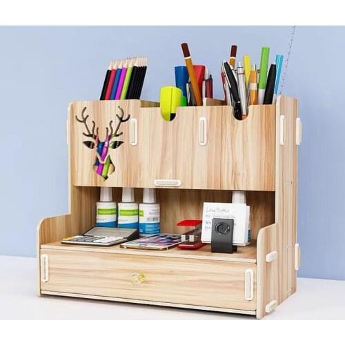 Large Capacity Wooden Pen Holder Pencil Storage Box Desktop Organizer Storage Case School Office Stationery