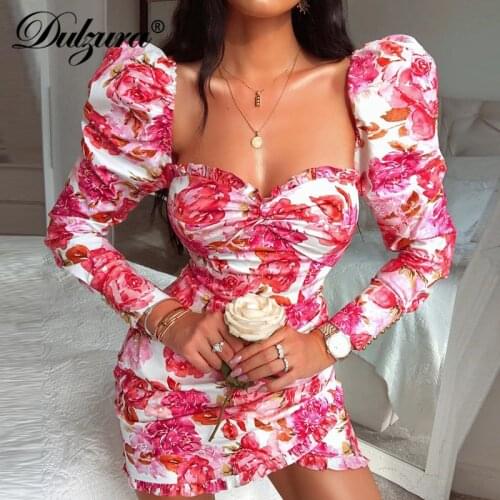 Dulzura women vintage dress mini elegant flower floral slit bodycon wooden ear ruffles clothes dinner party 2019 autumn winter