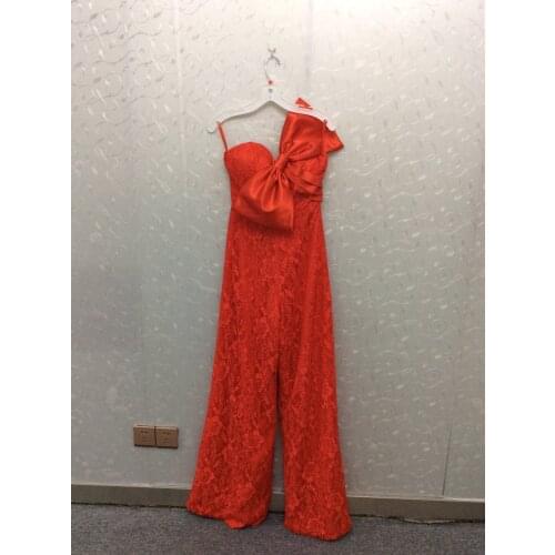 Elegant Sweetheart Red Lace Jumpsuit Prom Dresses with Bow Satin Zipper Back Long Robe De Soiree Floor Length Formal Party Gown