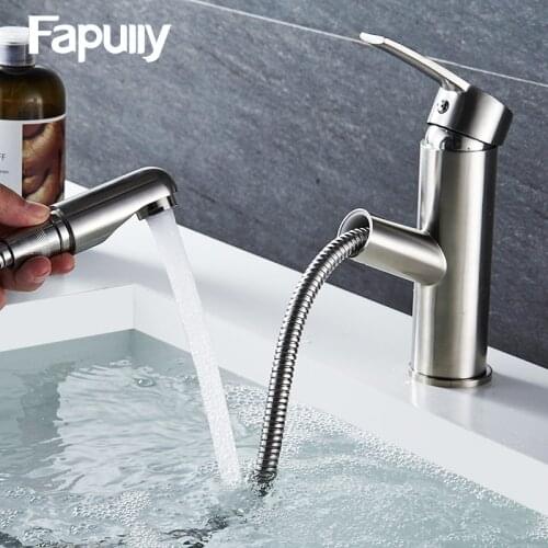 Fapully Modern Mini Cup Basin Faucet Pull Out Stainless Steel Brass Basin Faucet Bathroom Crane Torneira 508-11N