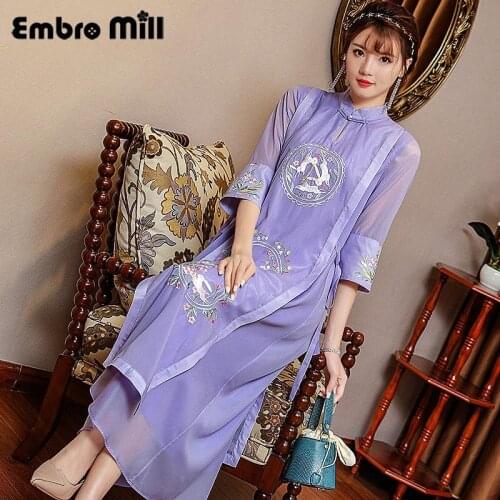 Summer New Chinese Style Embroidery Hanfu Dress Three Quarter Sleeve Elegant Vintage Cheongsam Dress S-2XL