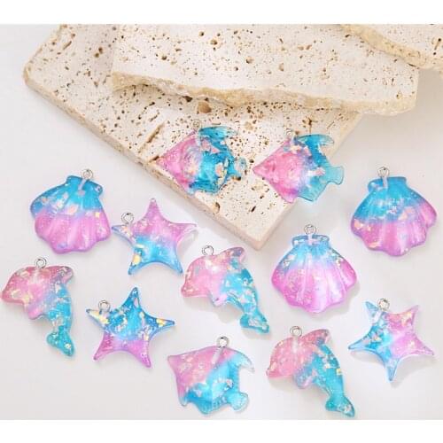 HEYUYAO 10pcs/lot Glitter Resin Dolphin Shell Starfish Charms Pink Blue Pendants DIY Necklace Earrings For Jewelry Accessories