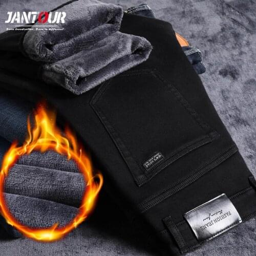 Jantour 2021 New Trousers Black Fleece Men Brand Clothes Black Elasticity Warm Thinker Winter Jeans Busines Jeans Big size 28-40