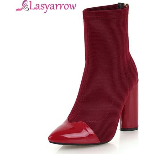 Lasyarrow Brand Shoes Woman Thick High Heels Patent Leather Sock Boots Pointed Toe Ankle Boots for Women Ladies Footwear F523
