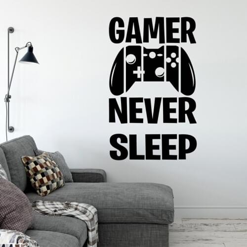Joystick Wall Sticker Gamepad Decal Boys Bedroom Decoration Quote Gamer Never Sleep Mural Video Game Logo Teens Room Wall Decor