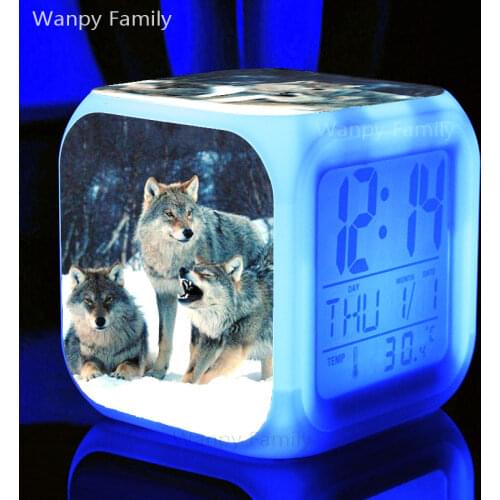 African Grasslands Wolf Alarm Clock 7 Color Glowing Large-screen Digital Clocks Multifunction Desktop Electronic Alarm Clock