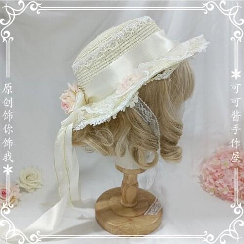 Original Handmade Lolita Rose Straw Hat Travel Bow French Sun Hat Lolita Flat-Top Cap