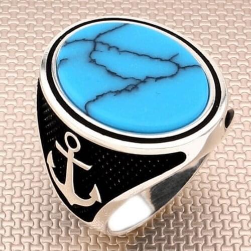 SILVERFONI Real 925 Sterling Silver Ring For Men Stylish Jewelry Fashion Turquoise Stone sailor anchor Accessories All Size 2021
