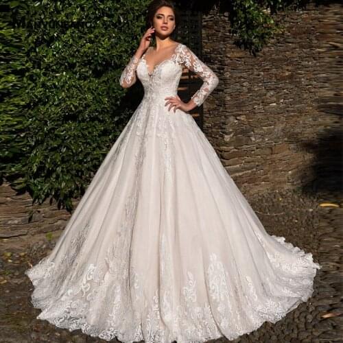 Custom Made Court Train Full Sleeve Embroidery Appliques Tulle Bridal Ball Gown Elegant Button Back O-Neck Wedding Dress
