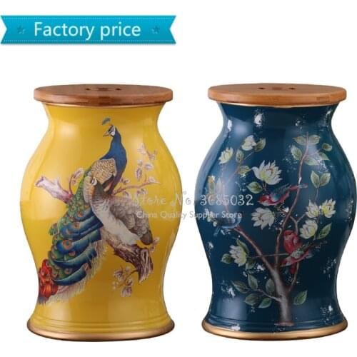 Hot European Drum Ceramic Stool with wooden lid StorageOttomans Makeup Stools European Shoe Bench Chinese Zither Stools 28*48cm