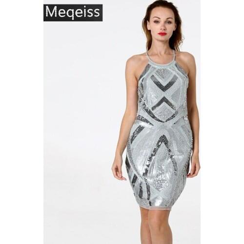 Vintage Little Black Dress Sexy Halter Cold Shoulder Back Cut Out Geometric Embellished Sequin Bead 1920s Gatsby Party Dress