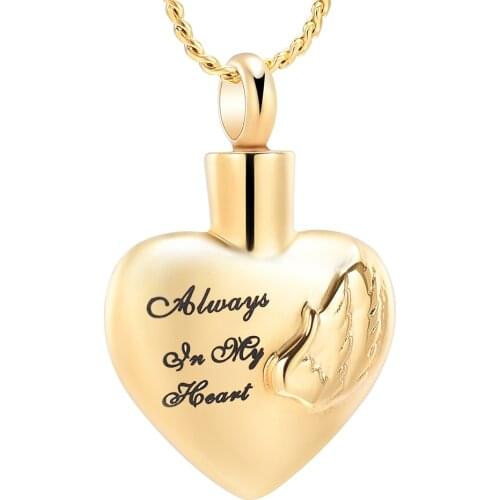 J888 Always in My Heart Angel Wings Cremation Jewelry for Ashes Pendant Stainless Steel Holder Urn Memorial Keepsake Necklace