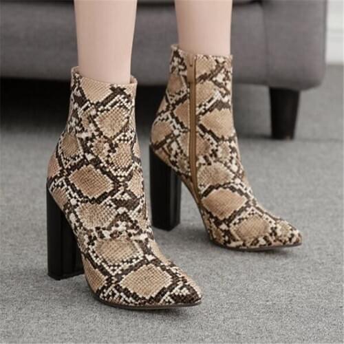 Womens shoes High heels PU Slip On Square heel 11.5cm Pointed Toe snake boots Womens boots