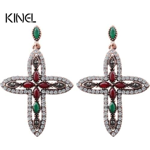 Luxury Ancient Gold Color Cross Pendant Earrings For Women Crystal Earrings Vintage Jewelry 2017 New