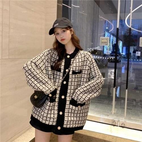 Autumn 2020 New Sweater Coat Retro Shirt Check Long Sleeve Single Breasted Plaid Loose Knit Cardigan Tide Ladies