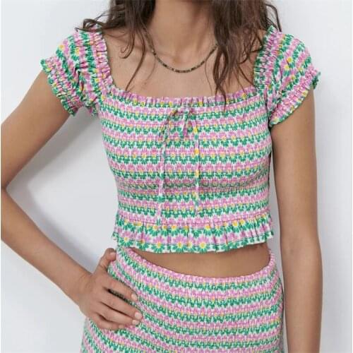 Baldauren Women 2021 Fashion Honeycomb Check Print Square Neck Bow Short Short Sleeve Top Streetwear