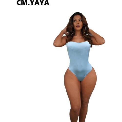CM.YAYA Women Bodysuit Solid Sleeveless Strapless Slim Skinny Stretchy Bodysuits Sexy Fashion Beachwear Summer Outfits 2021