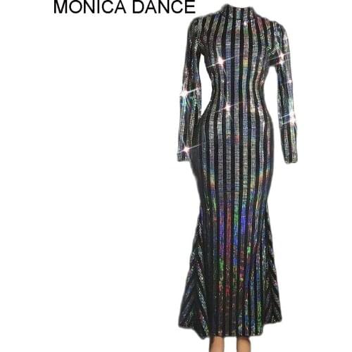 Women Multi-color Striped Sequins Sexy Long Dress Birthday Celebrate Black Costume Outfit Dancer Prom Evening Stage Dress