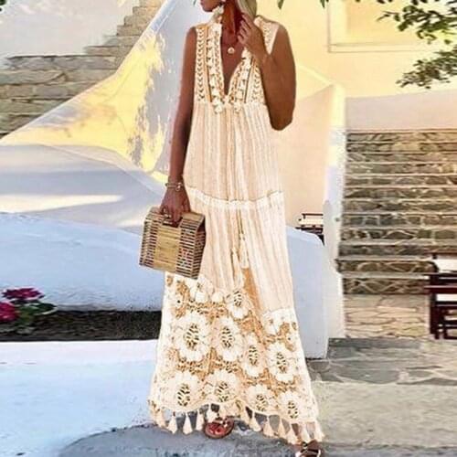 Women Deep V Neck Tassel Boho Long Dress Sexy Embroidery Floral Lace Patchwork Party Dress Spring Summer Sleeveless Maxi Dresses