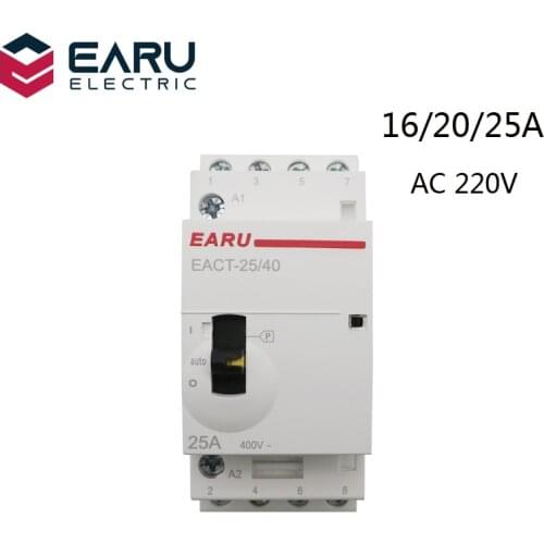 4P 16A 25A AC 220V 230V 50/60Hz Din Rail Household AC Modular Contactor With Manual Control Handle Switch 4NO 4NC 2NO 2NC 3NO1NC