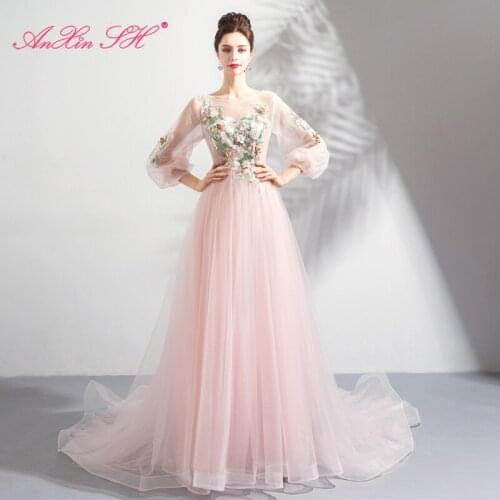 AnXin SH Pink flower Goddess delicate model pink lace bride evening dress dinner party beading pink flower evening dress 7182