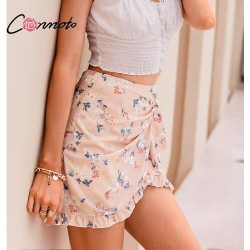 Conmoto Holiday short beach skirts Summer high waist woman boho skirts 2021 Elegant floral print ruffles wrap tie dye skirt