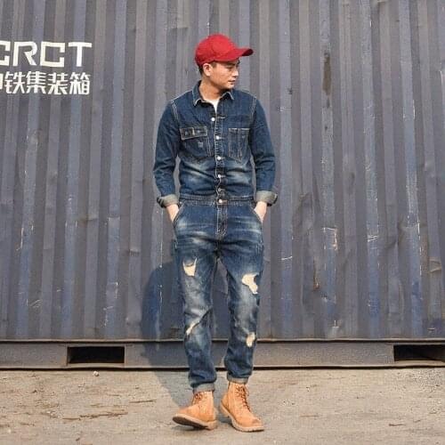 Designer Fashion Mens Hole Denim Overalls Vintage Blue Jeans For Mens Harajuku Work Cargo Clothes Long Casual Streetwear
