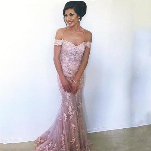 Elegant Off the Shoulder Appliqued Lace Floor Length 2020 Mermaid Prom Dresses Vestidos De Fiesta Sheer Sexy Wedding Party Gown