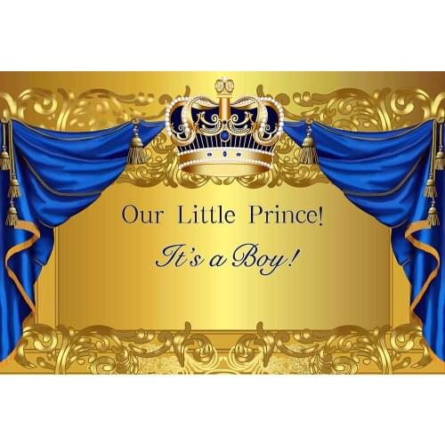 Royal Baby Shower Backdrop It Is A Boy Babyshower Party Banner Golden Wall Crown Blue Curtain Portrait Photo Backgrounds Poster