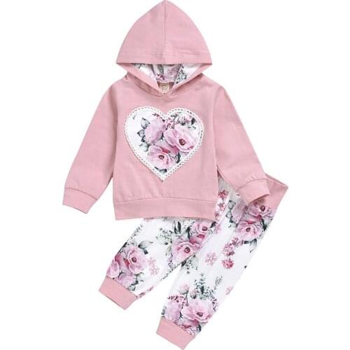 0-24M Baby Girls Hooded Clothes Cotton Kids Girls Heart Pattern Tops T-Shirts+Floral Pants Suits Autumn Spring Clothing Set