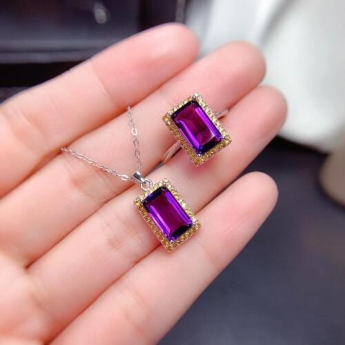 New Coming Amethyst Jewelry Set Natural Real Amethyst 925 Sterling Silver 1pc Pendant,1pc Ring For Wedding