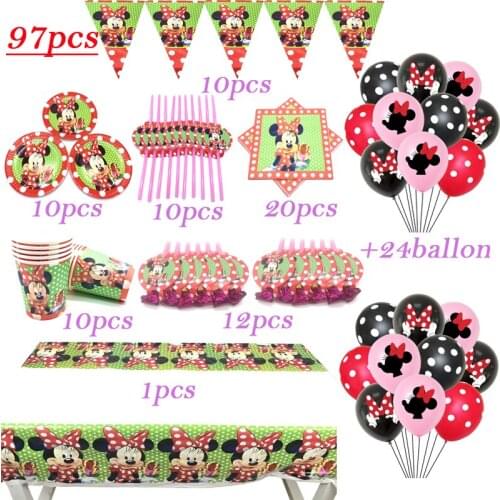 Red Minnie Mouse Balloons Decorations Girl Birthday Party Supplies Minnie Mouse Disposable Tableware Baby Shower Party Items Set