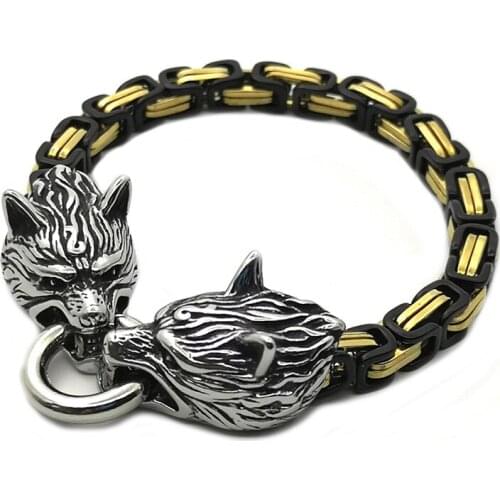 Men Stainless Steel Wolf Head King Chain Bracelet Nordic Viking Wolf Amulet Bracelet Fashion Viking Jewelry Viking King Chain
