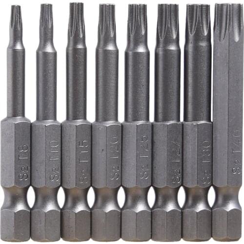 8pcs/Set 1/4 Inch 50mm T8-T40 Magnetic Torx Screwdriver Bits Kit 150mm Length Long Steel Magnetic Electric Screw Driver Set