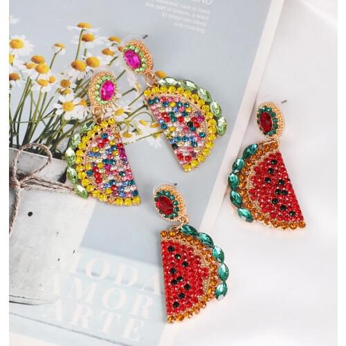 Wholesale JUJIA Fashion Fruit Watermelon Drop Earrings For Women Trending Crystal Dangle Earrings Statement Party Jewelry