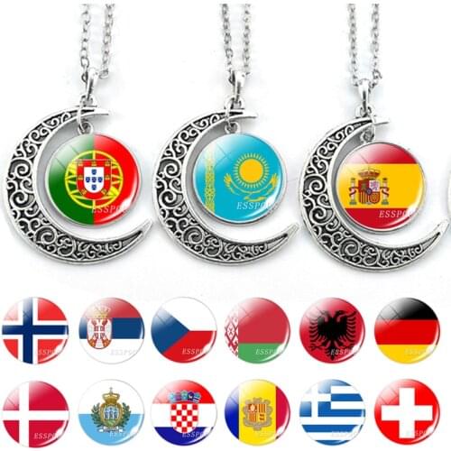 Crescent Moon Pendant Europe Countries National Flag Necklace Glass Cabochon Greece Spain Belarus Sweden Flag Jewelry for Women