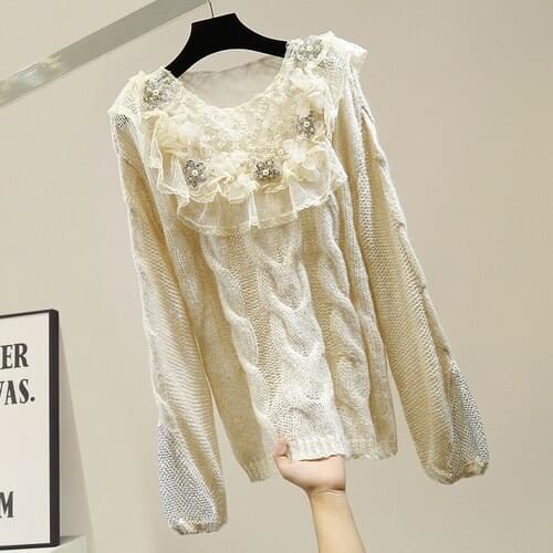 Plus Size Woman Sweater Mesh Patch Beaded Rhinestone Ruffles Round Neck Casual Loose Sweaters Female Knit Top White Pink Pull