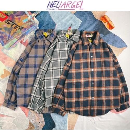NELLARGEL Women Plaid Long Sleeve Vintage Shirts 2021 Female Harajuku Japanese Streetwear Shirts Girl Kpop Y2k Shirts Plus Size